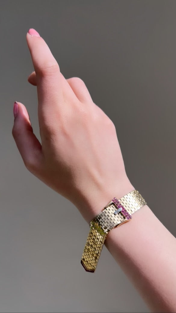 SOLD Retro 14K, Diamond & Ruby Buckle Bracelet
