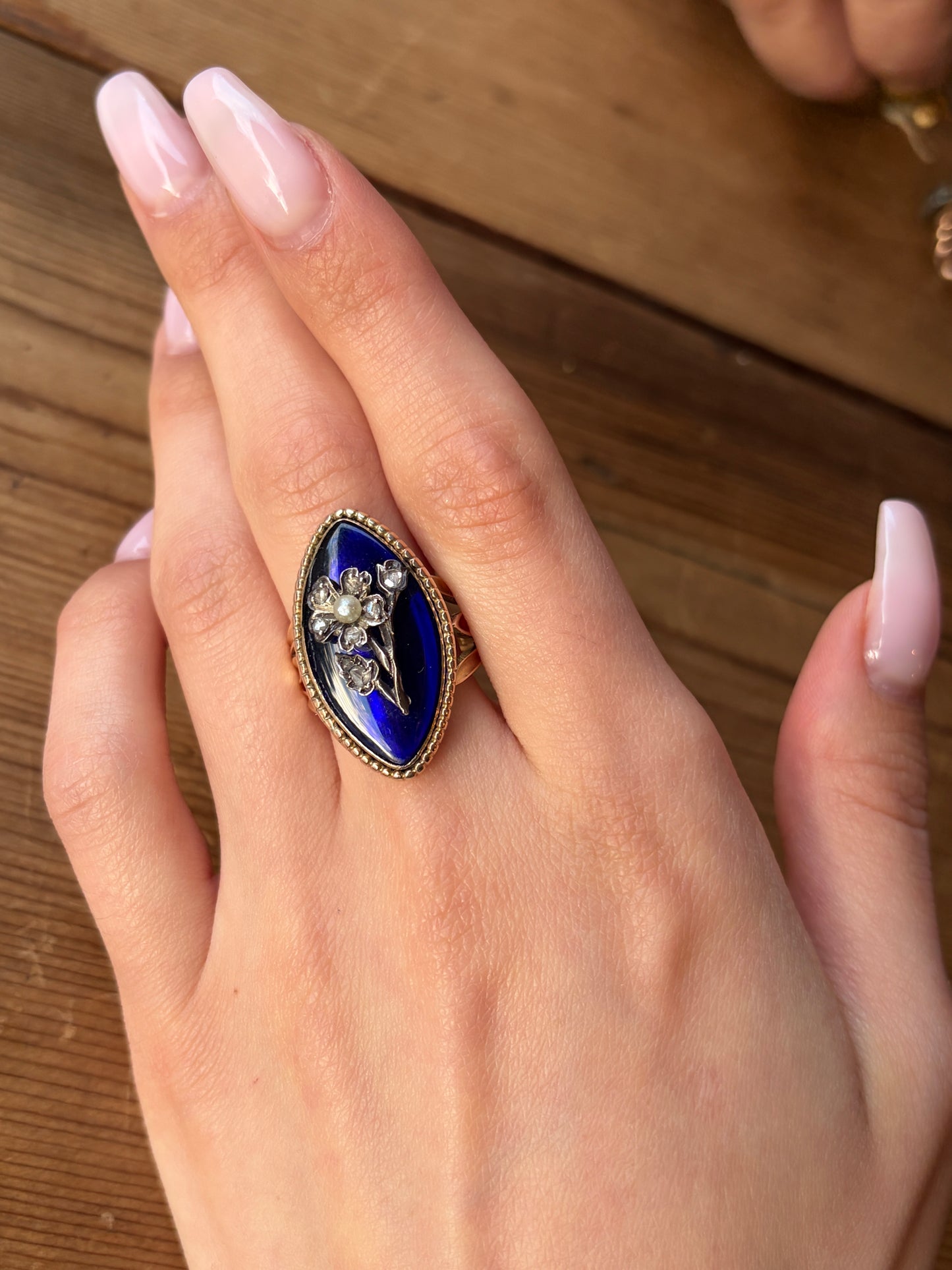 Antique 18K, Diamond, Pearl & Cobalt Glass Navette Ring