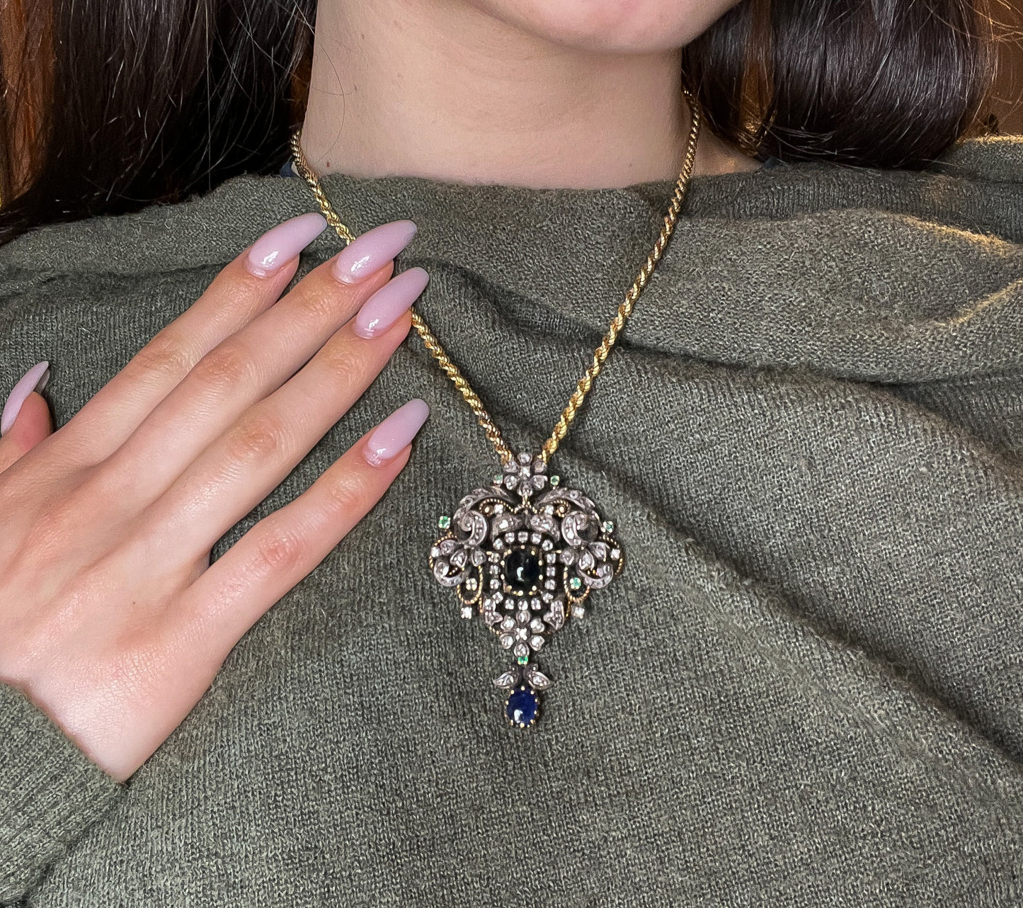 Antique 14K, Silver, Diamond, Sapphire & Emerald Brooch/Pendant