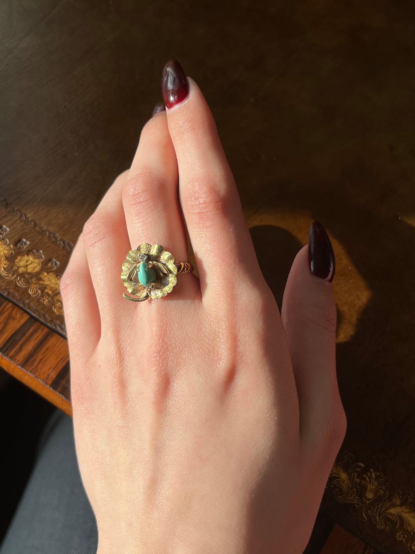 Vintage 14K, 10K, Diamond & Turquoise Insect Conversion Ring