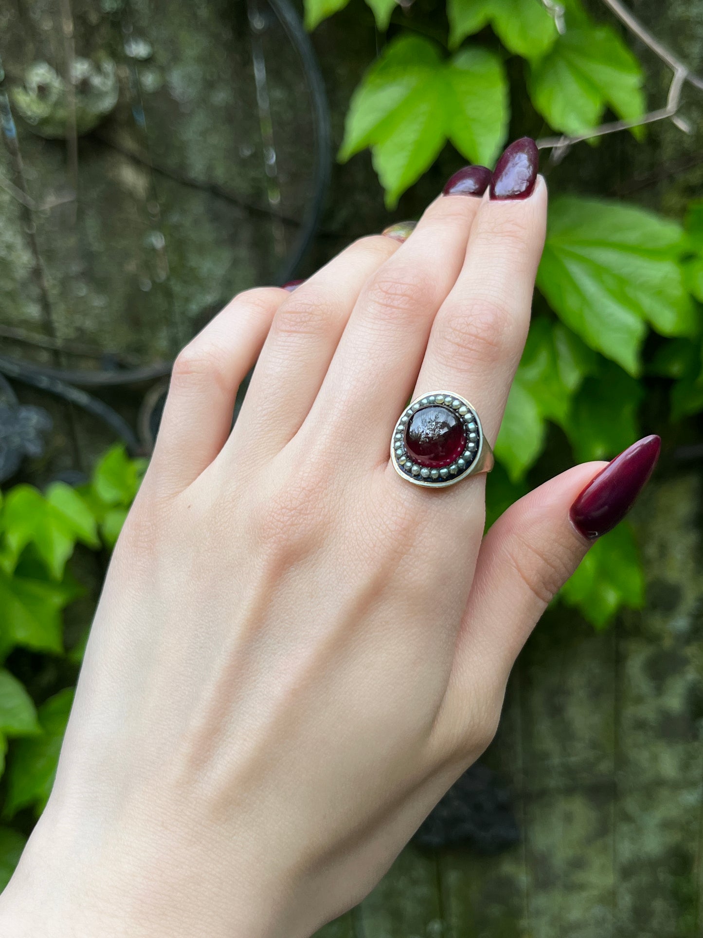 Antique Georgian 18K, Garnet Seed Pearl & Enamel Ring