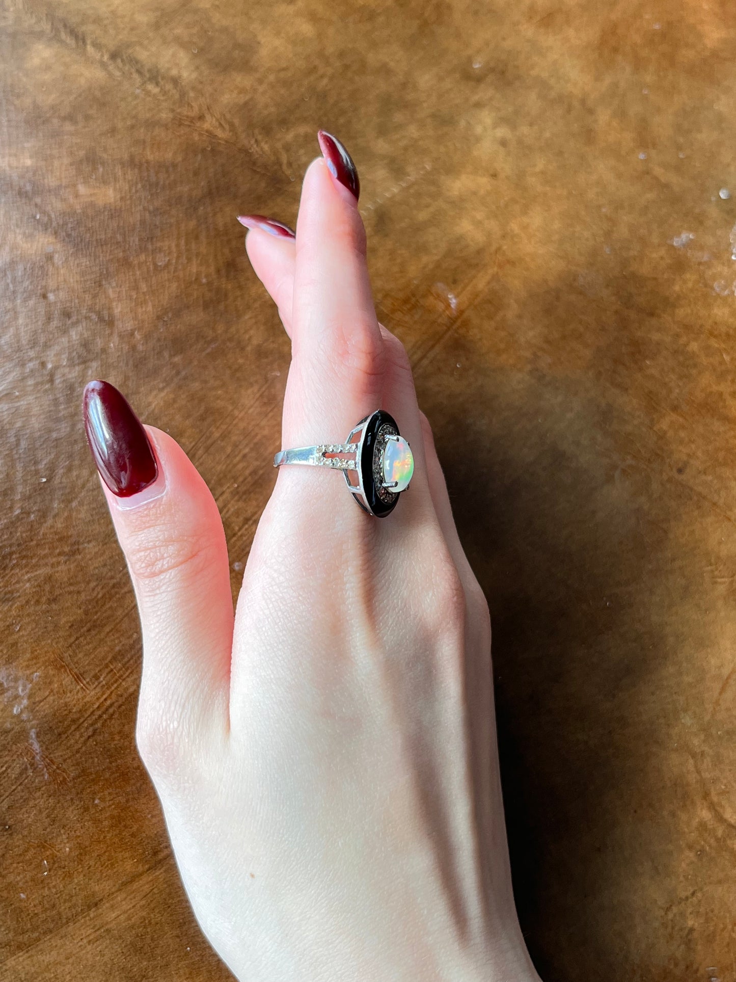SOLD Vintage Silver, Opal, Diamond & Enamel Ring