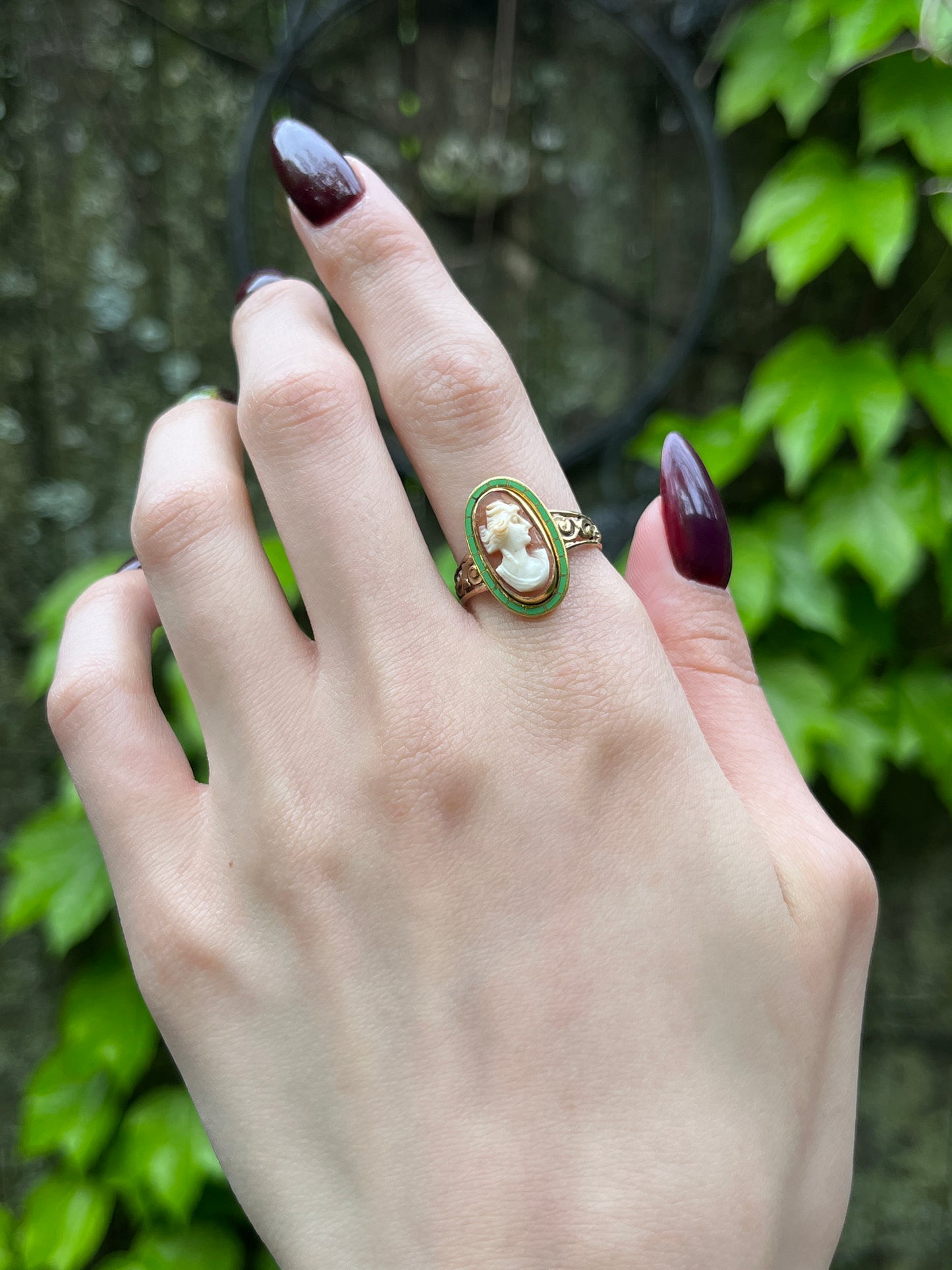 Antique Carved Shell Cameo & Enamel Conversion Ring