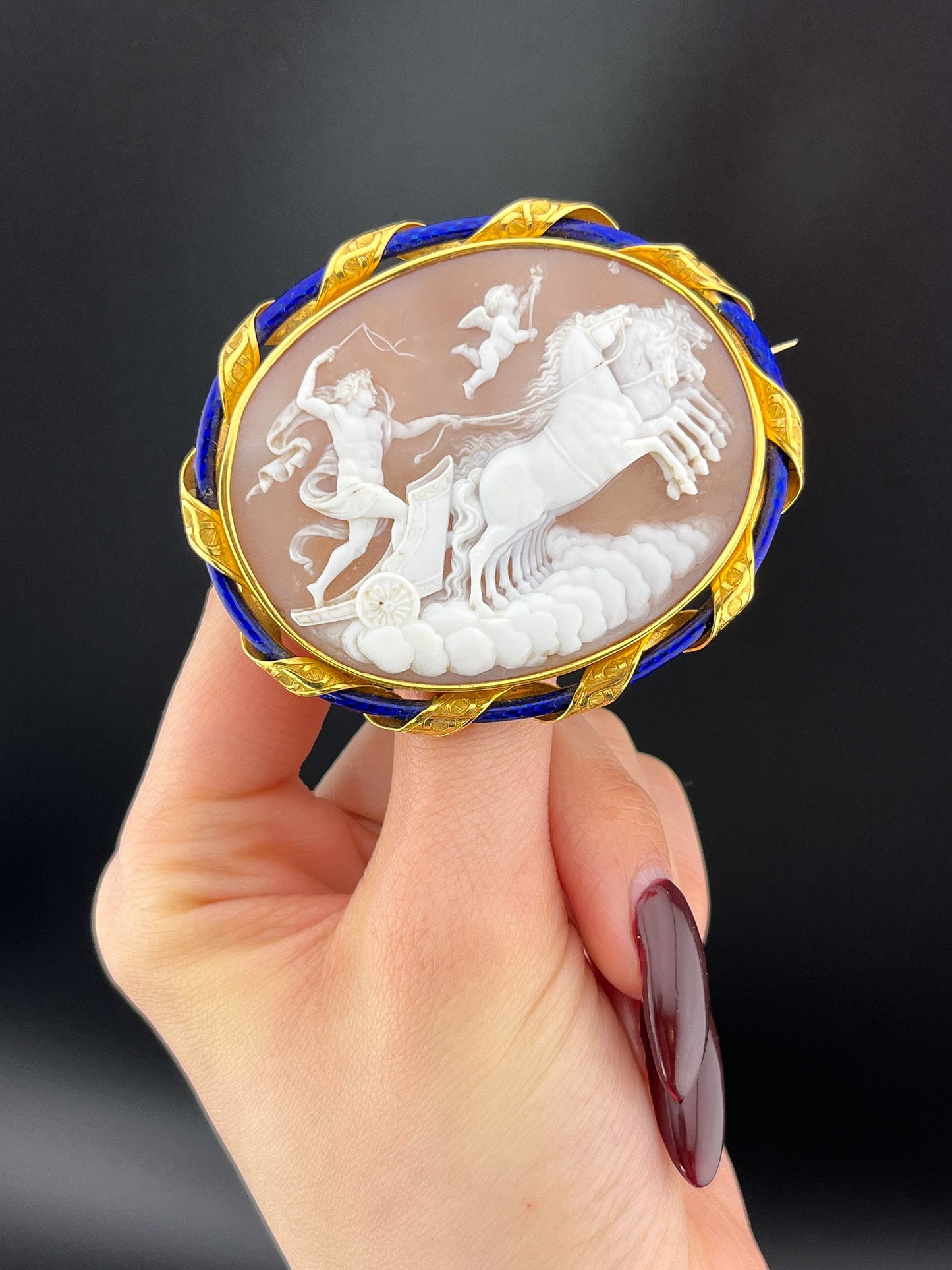 Antique English 18K, Enamel & Apollo Cameo Brooch W/Original Box