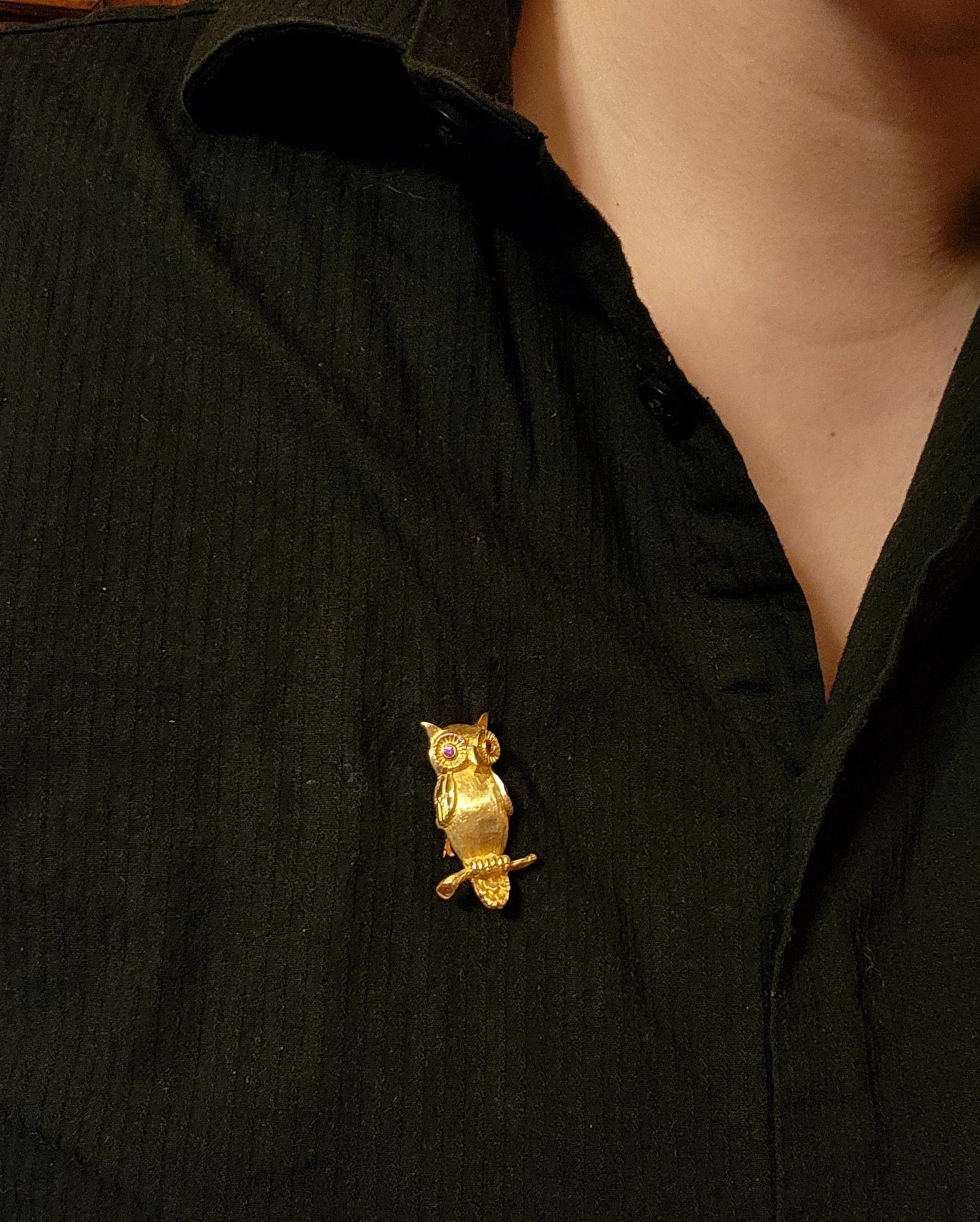 Vintage 14K & Ruby Owl Brooch K