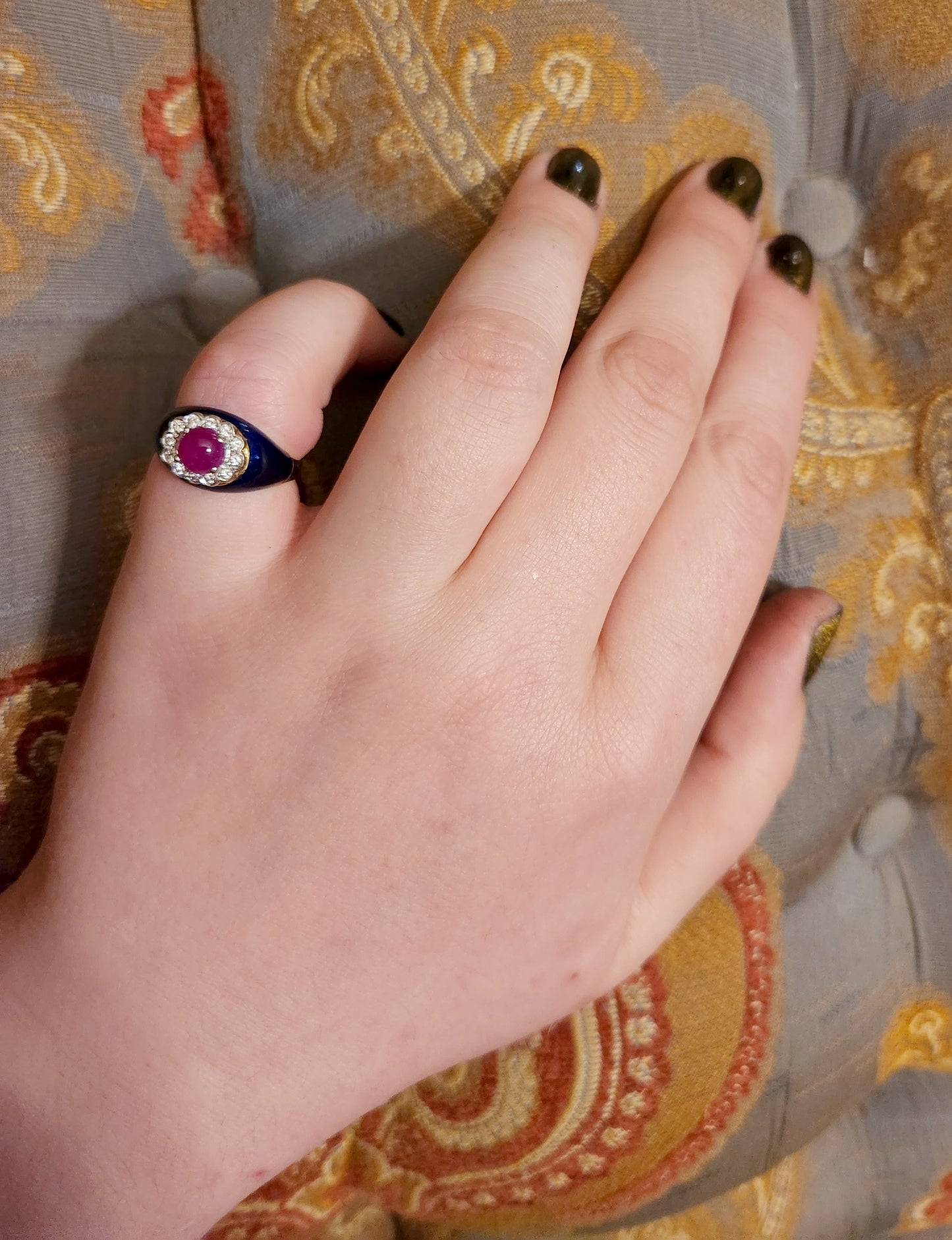 SOLD 18K Gold Diamond Ruby & Enamel French Victorian Ring