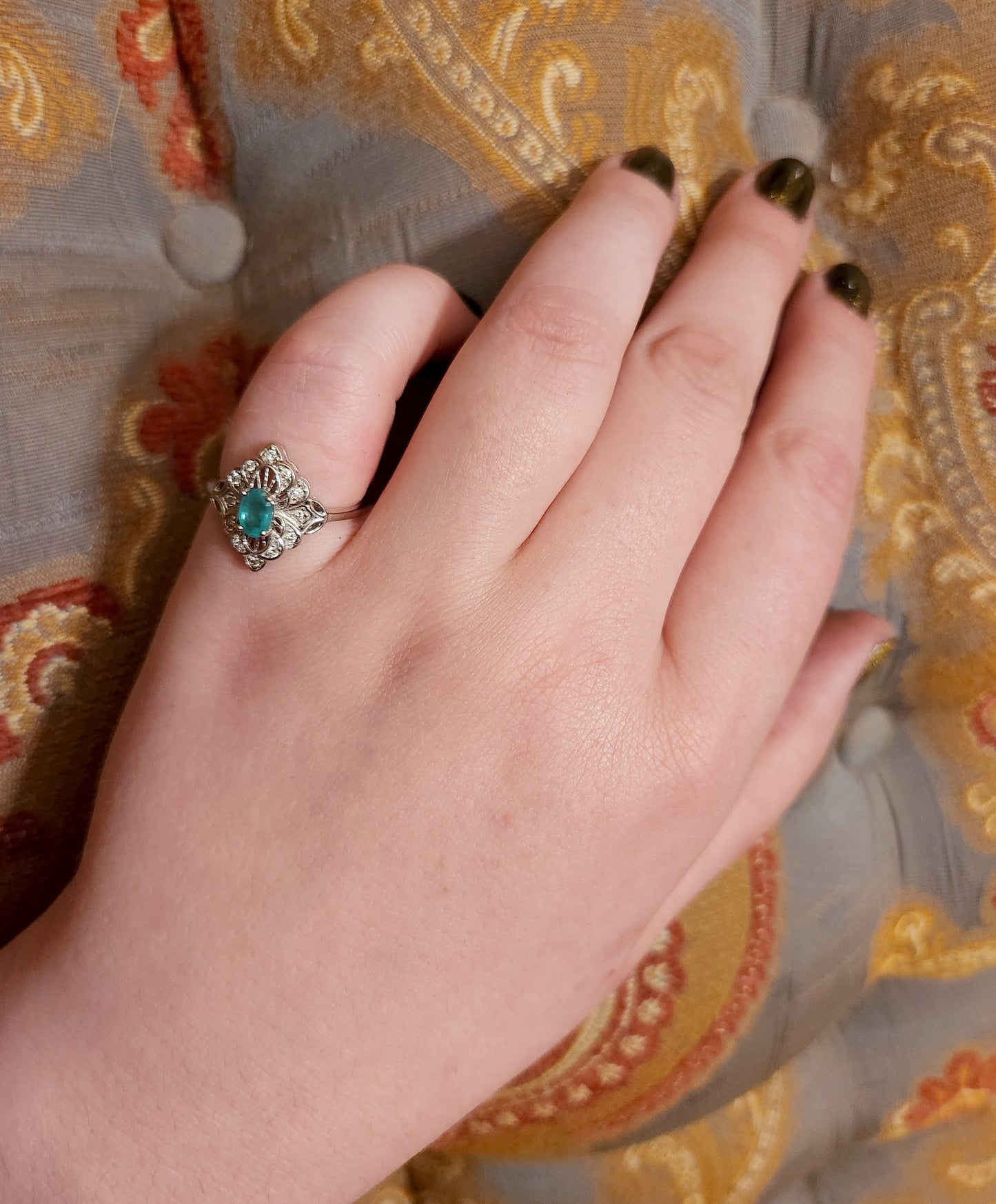 SOLD Alluring Art Deco White 14K, Diamond & Emerald Ring
