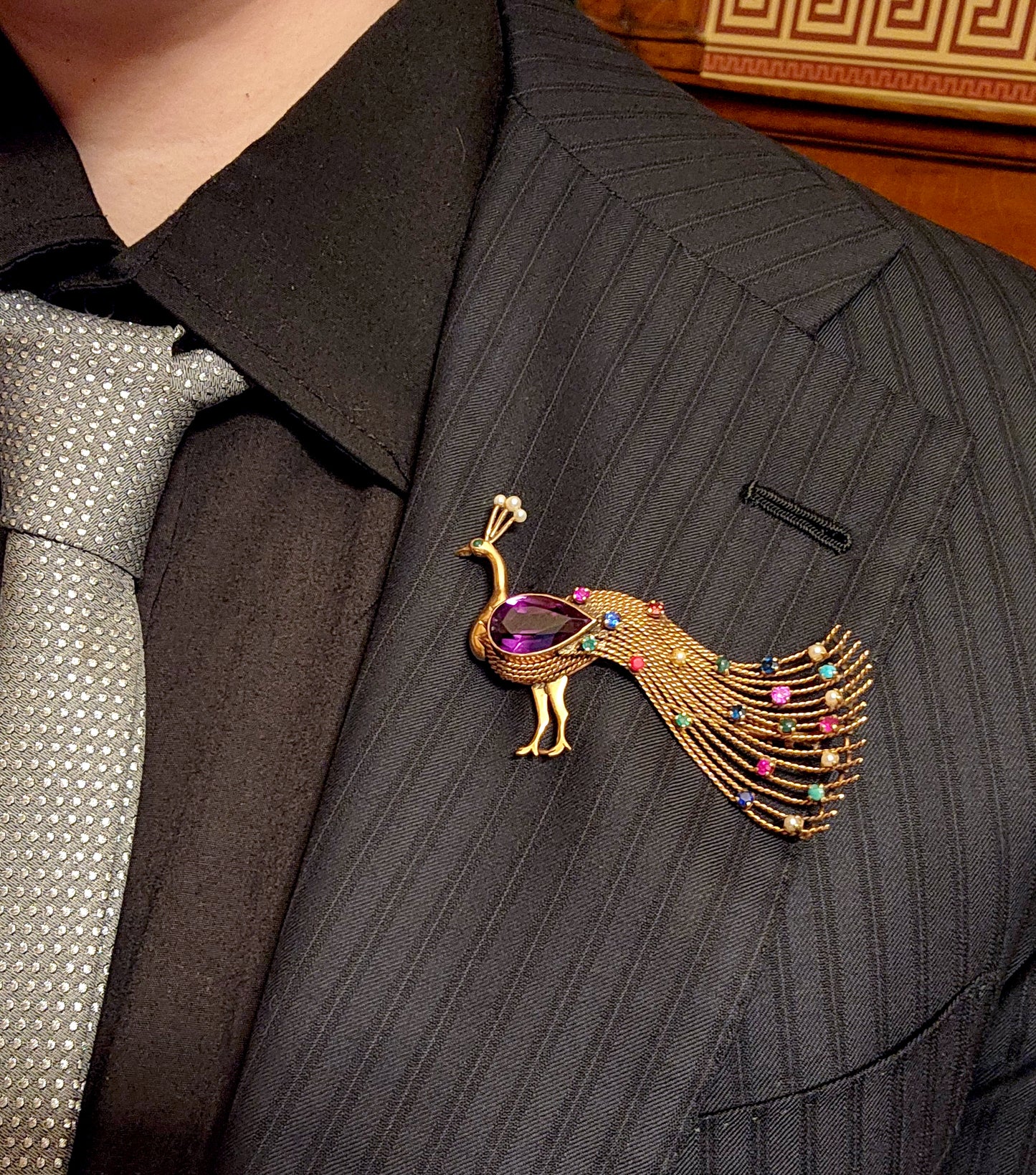 Vintage 14K, Sapphire & Multi Gem Peacock Brooch