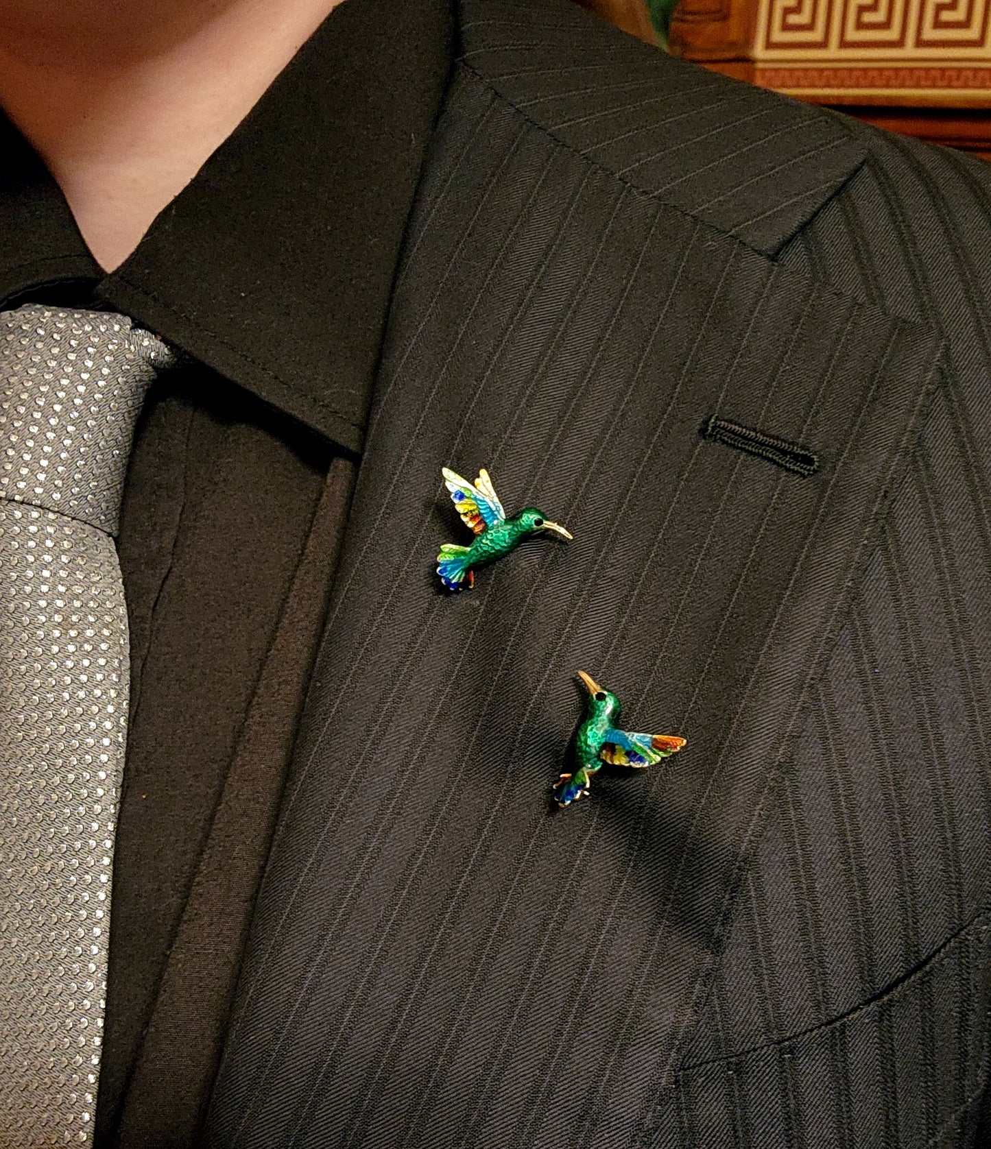 Vintage 14K & Colorful Enamel Hummingbird Brooch Pair