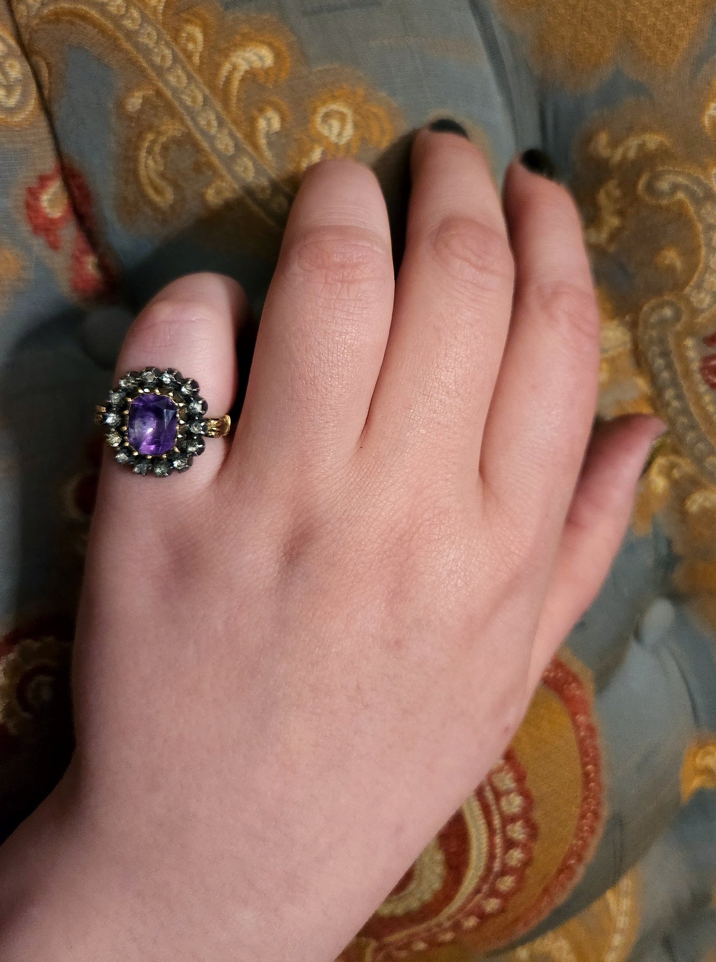 SOLD Antique Spanish 18K, Silver, Diamond & Amethyst Ring With Original Box