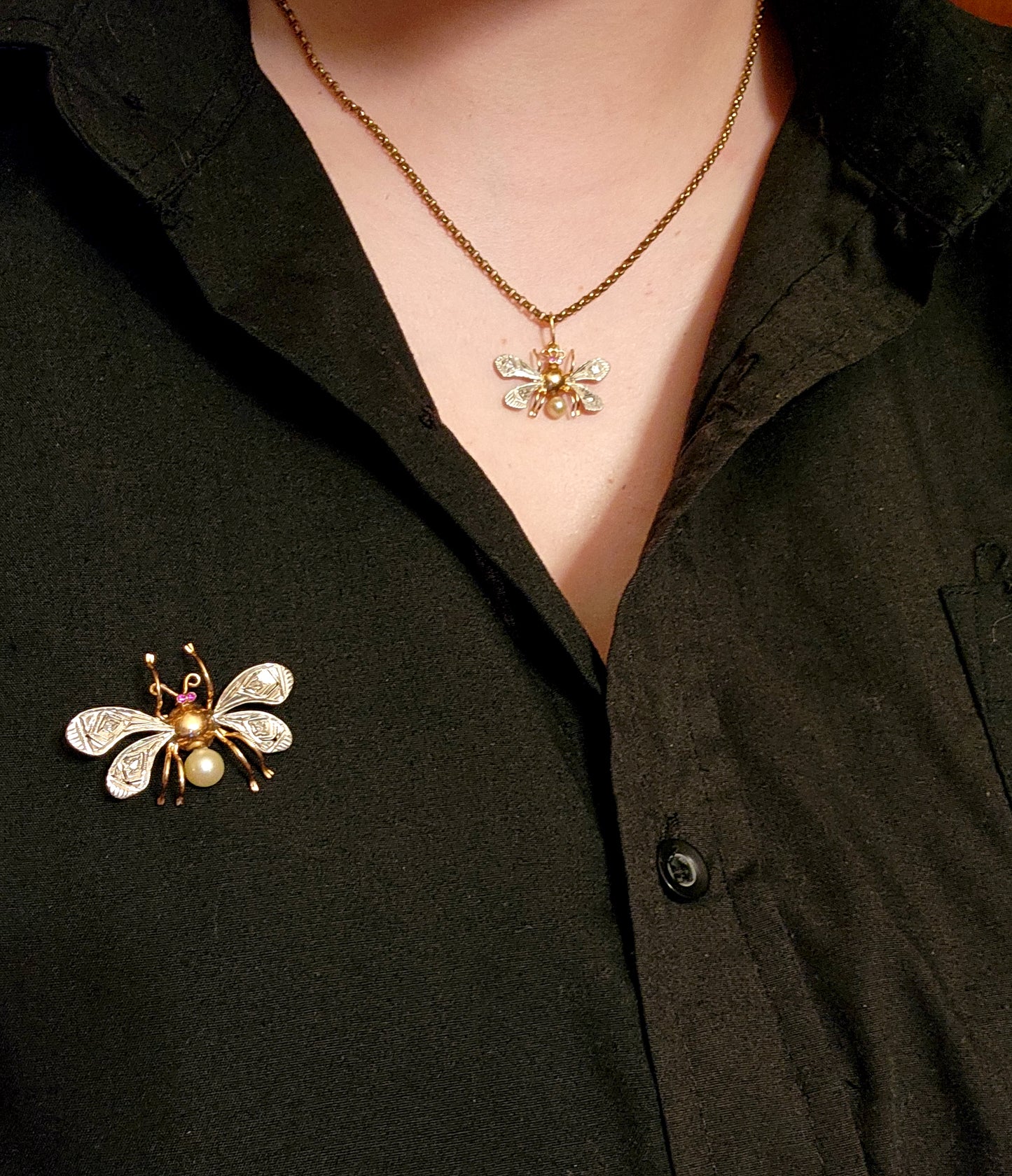 Art Deco 14K, Silver, Diamond, Ruby & Pearl Insect Brooch & Pendant Set