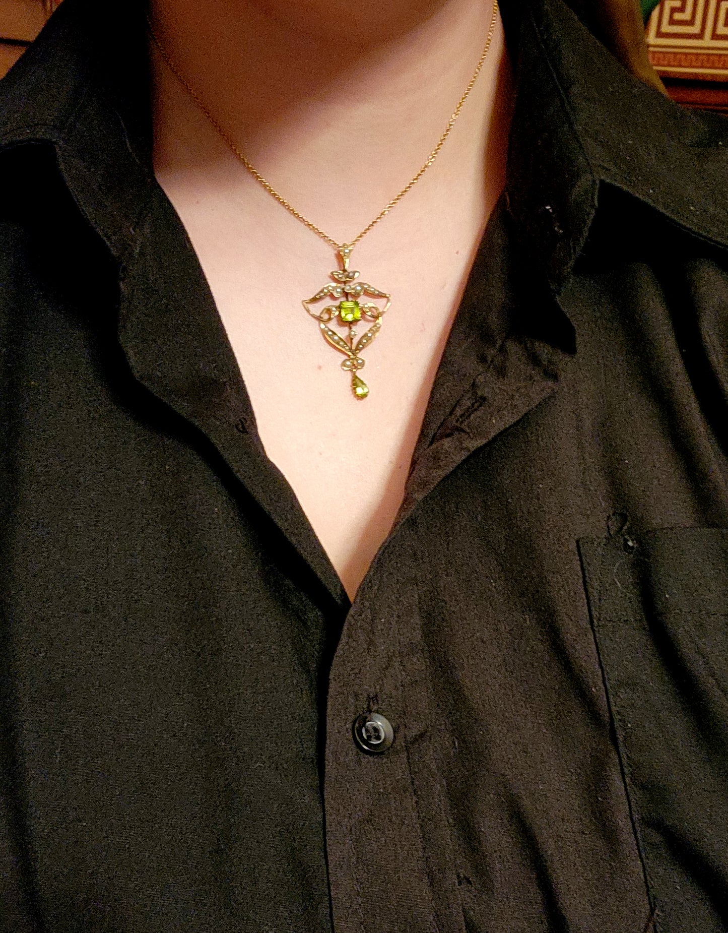 Antique 9K, Peridot & Pearl Suffragette Pendant on Chain