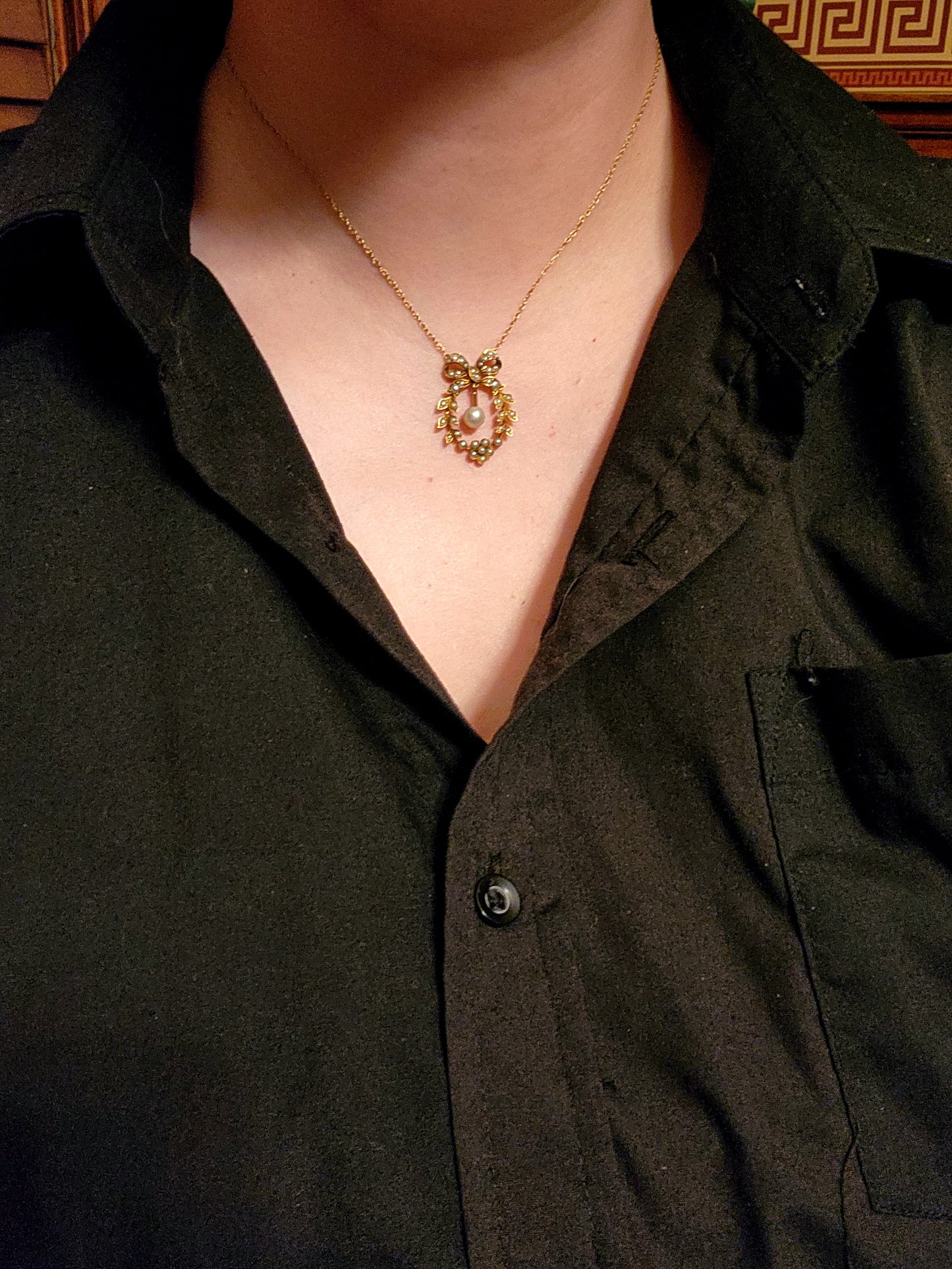 SOLD Antique 9K & Pearl Wreath Pendant Necklace