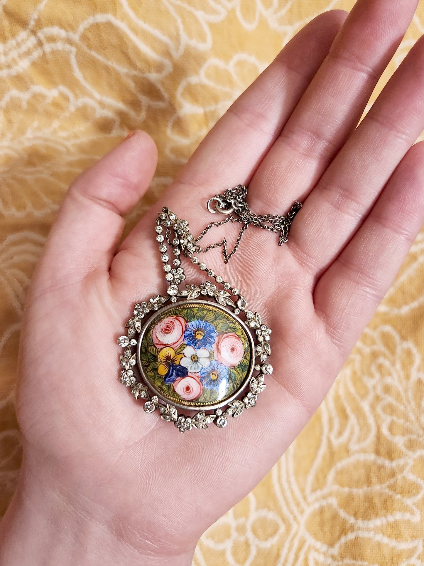 Antique Silver, Hand Painted Enamel & Paste Diamond Floral Necklace