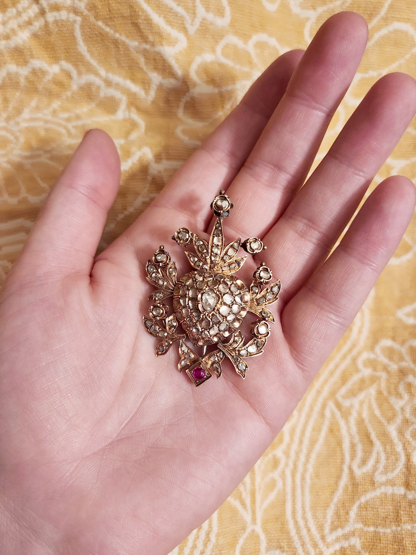 Antique 9K, Diamond & Ruby Brooch