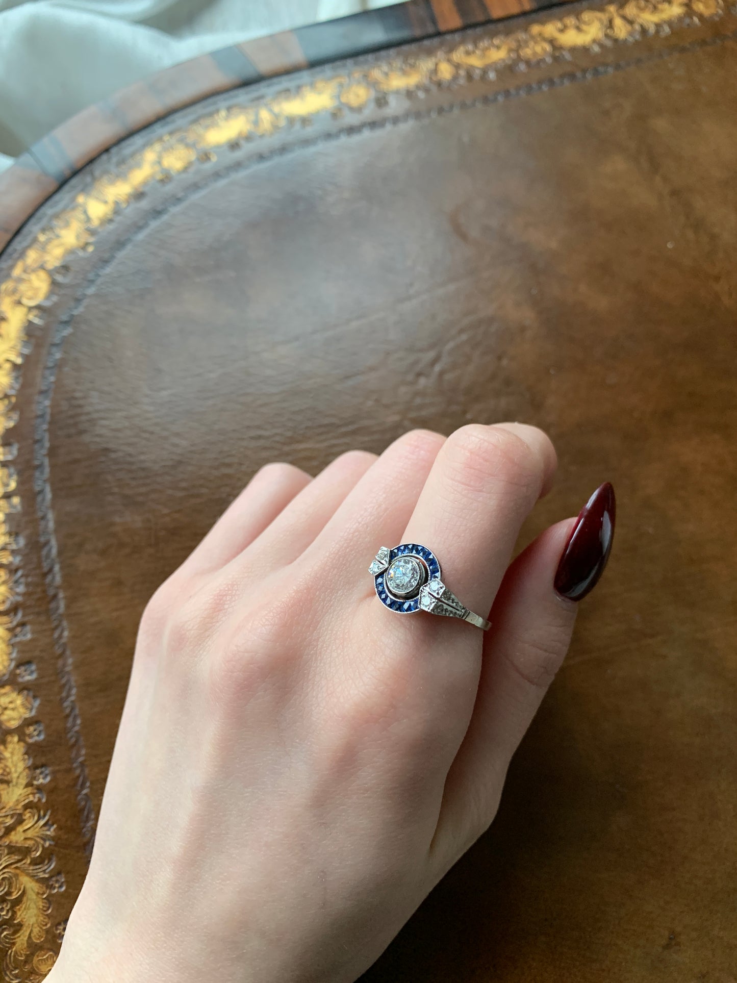 SOLD Antique Art Deco Platinum, Diamond & Sapphire Target Ring