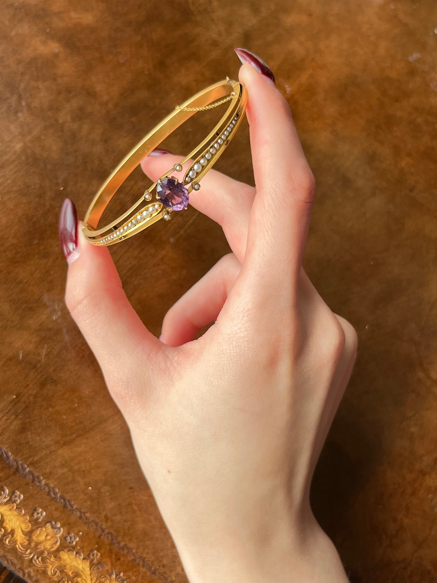 SOLD Antique Belle Epoque 14K, Amethyst & Seed Pearl Bracelet
