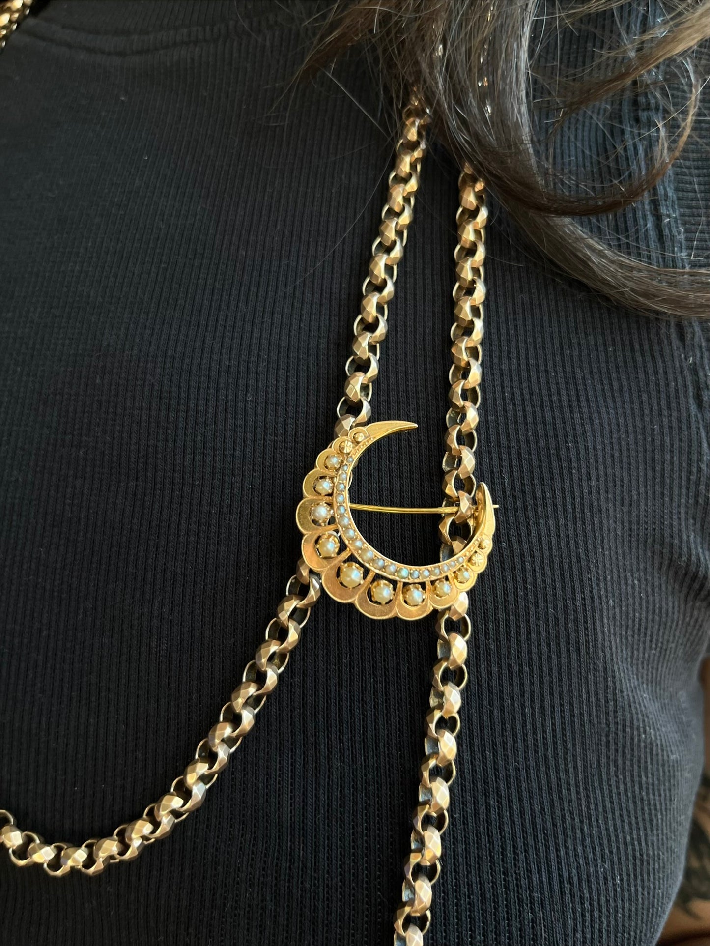 Sold Antique 18K & Seed Pearl Crescent Brooch