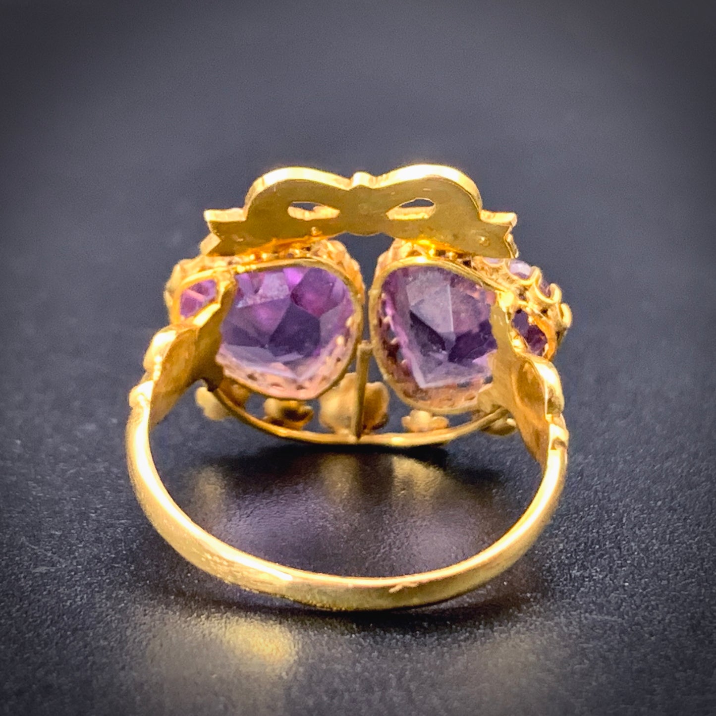 SOLD Antique 18K, Amethyst & Seed Pearl Double Heart Ring