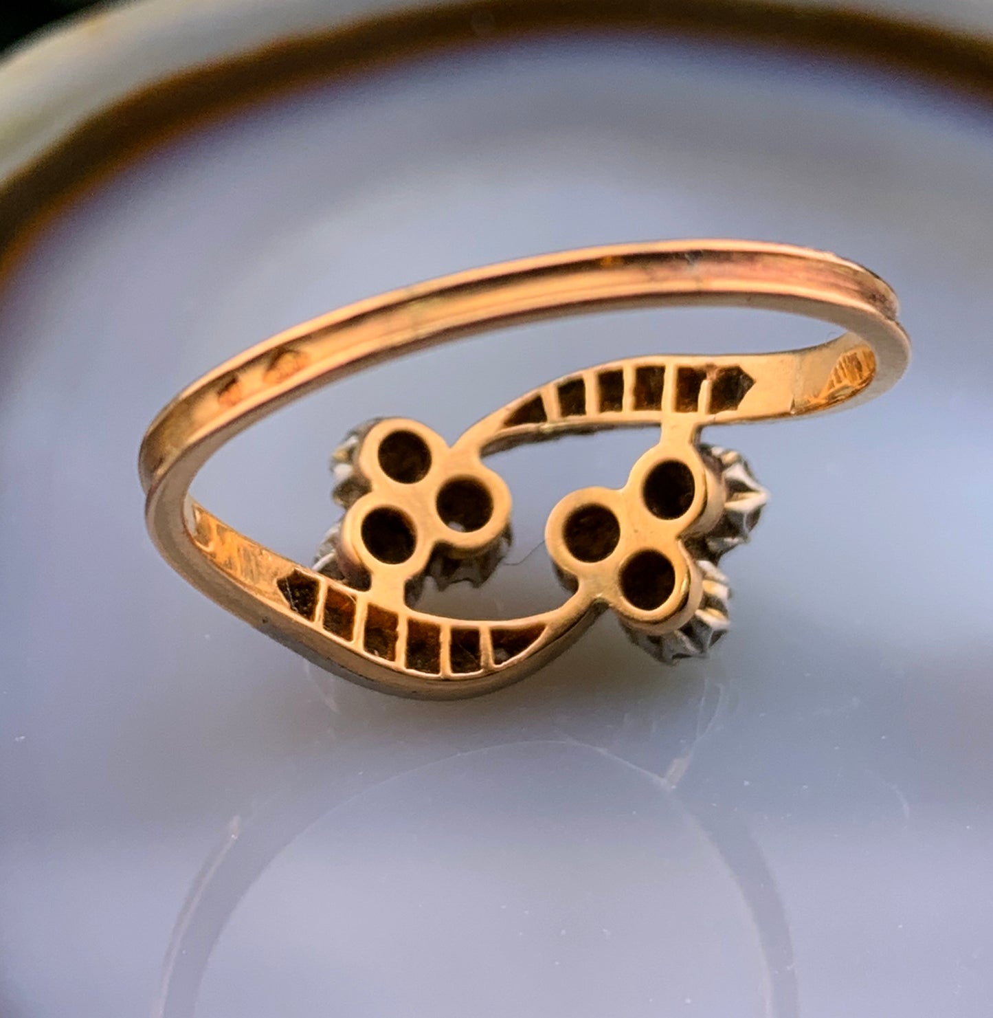 Antique French 18k, Silver & Diamond Double Clover Ring