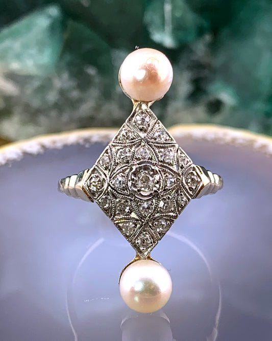 Antique French 18K, Diamond & Pearl Ring
