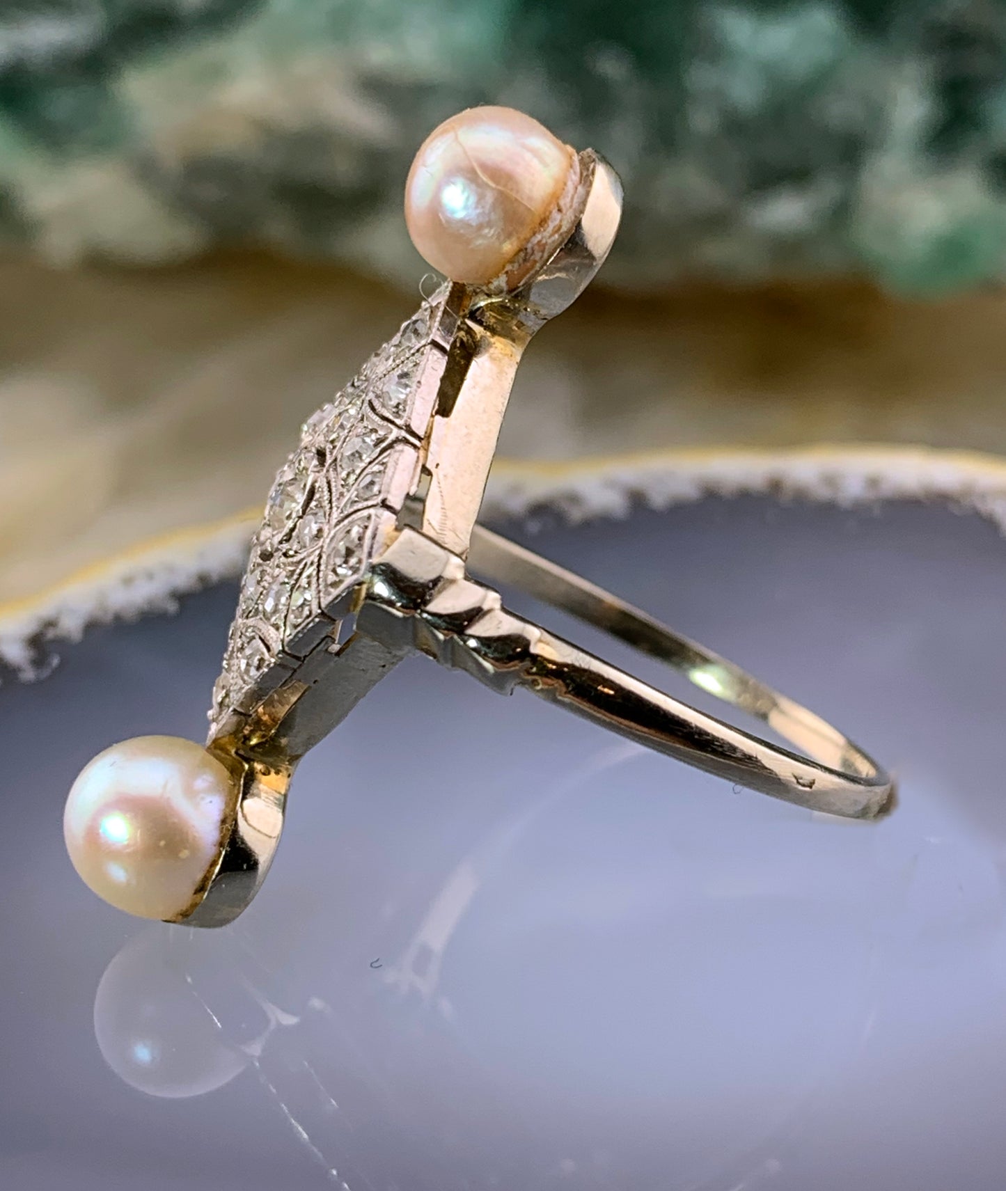 Antique French 18K, Diamond & Pearl Ring