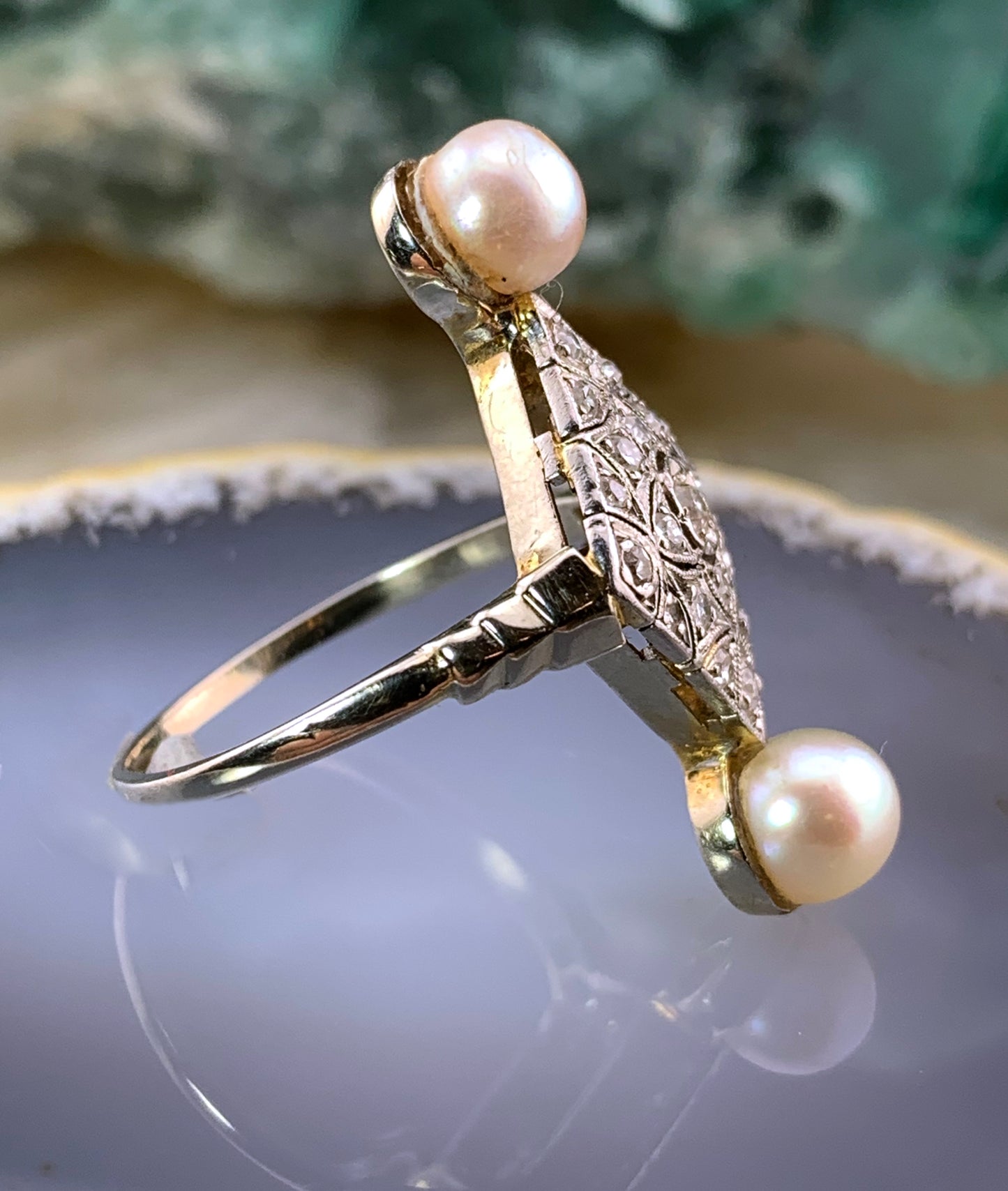Antique French 18K, Diamond & Pearl Ring