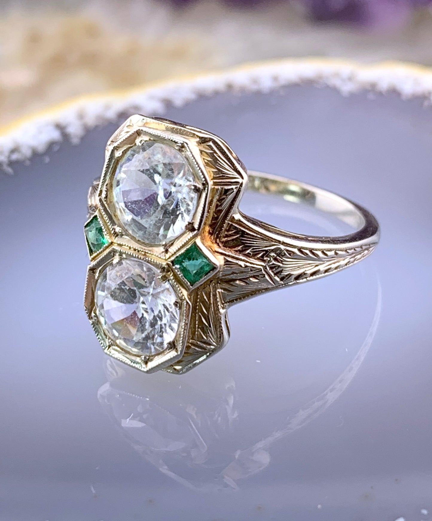 Antique Art Deco 18K, Genuine Zircon & Faux Emerald Ring