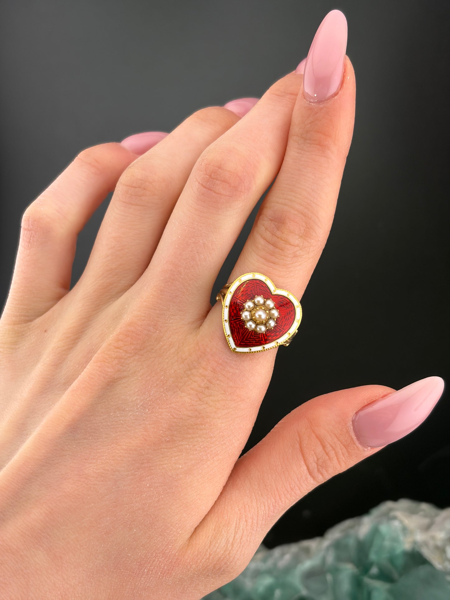 Antique 18K, 14K, Seed Pearl & Enamel Heart Conversion Ring