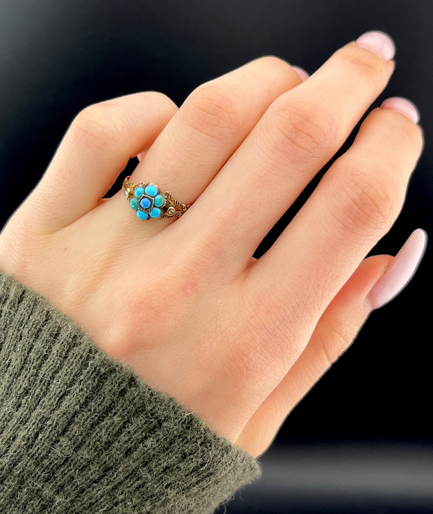 Antique 9K, Diamond & Turquoise Forget Me Not Ring