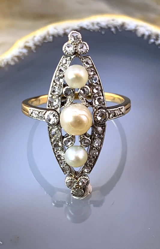 SOLD Antique 18K, Platinum, Diamond & Pearl Navette Ring