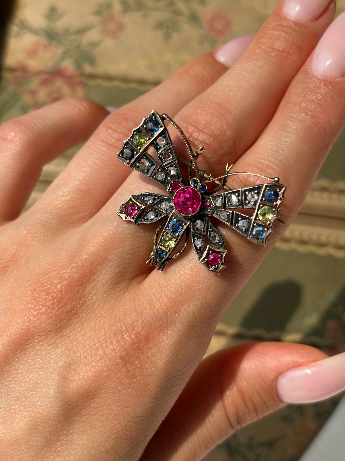 Antique 15K, Silver, Diamond, Ruby, Sapphire & Peridot Butterfly Brooch/Pendant