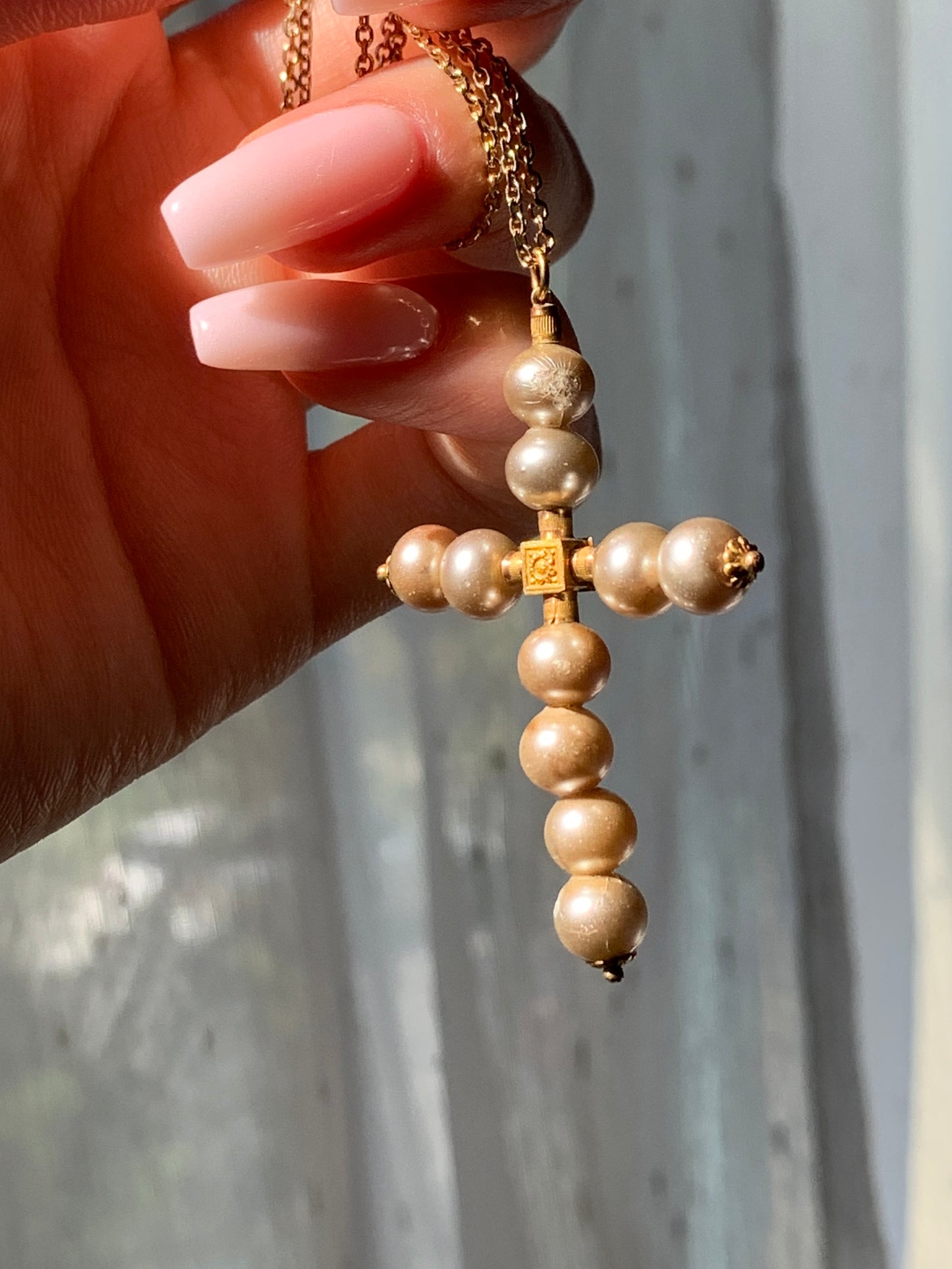 Antique 18K & Blown Glass Cross with Chain in Gold Fill
