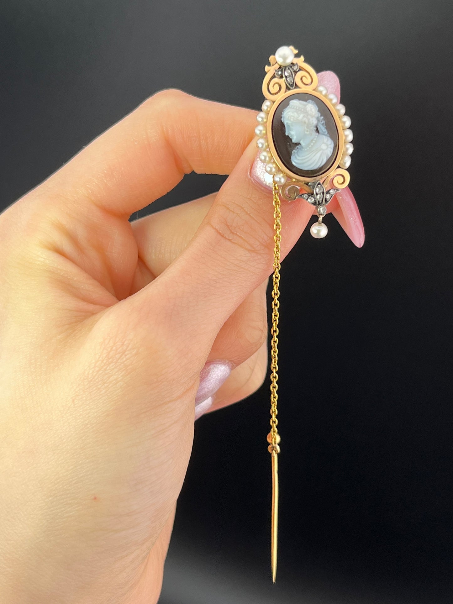 Antique French 18K, Diamond, Pearl & Hard Stone Cameo Brooch