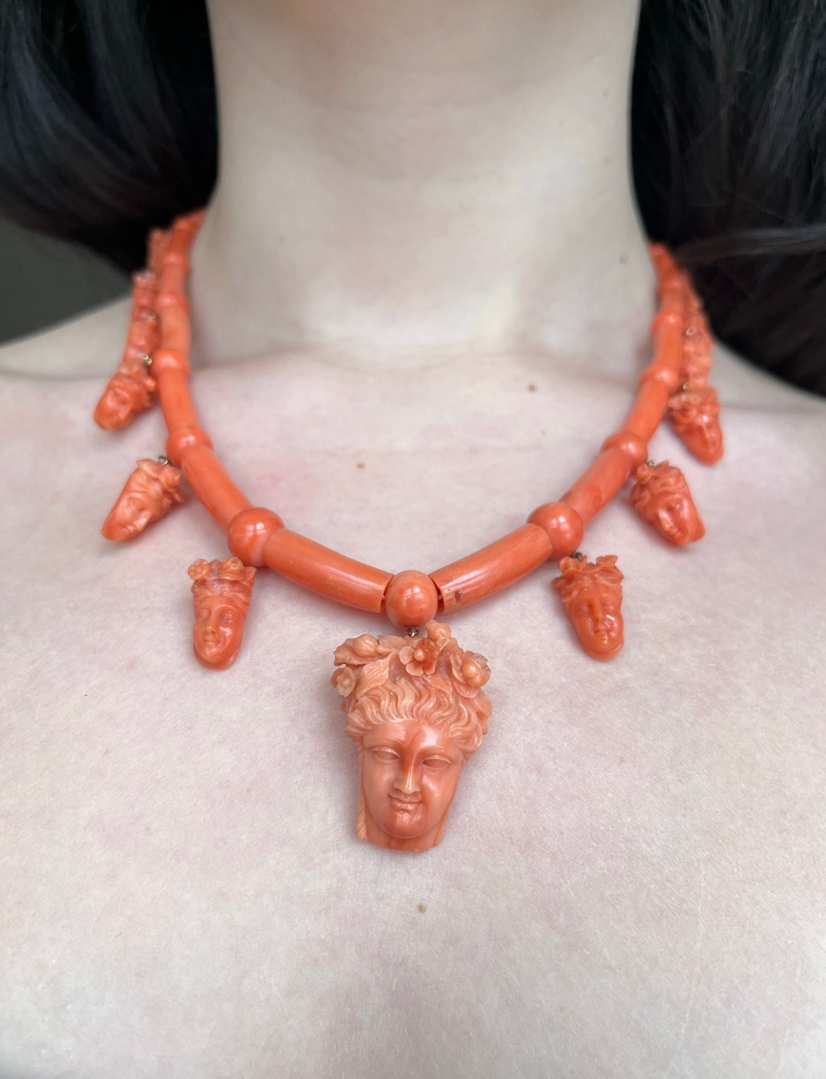 Antique 15K & Carved Coral Goddess Flora Necklace