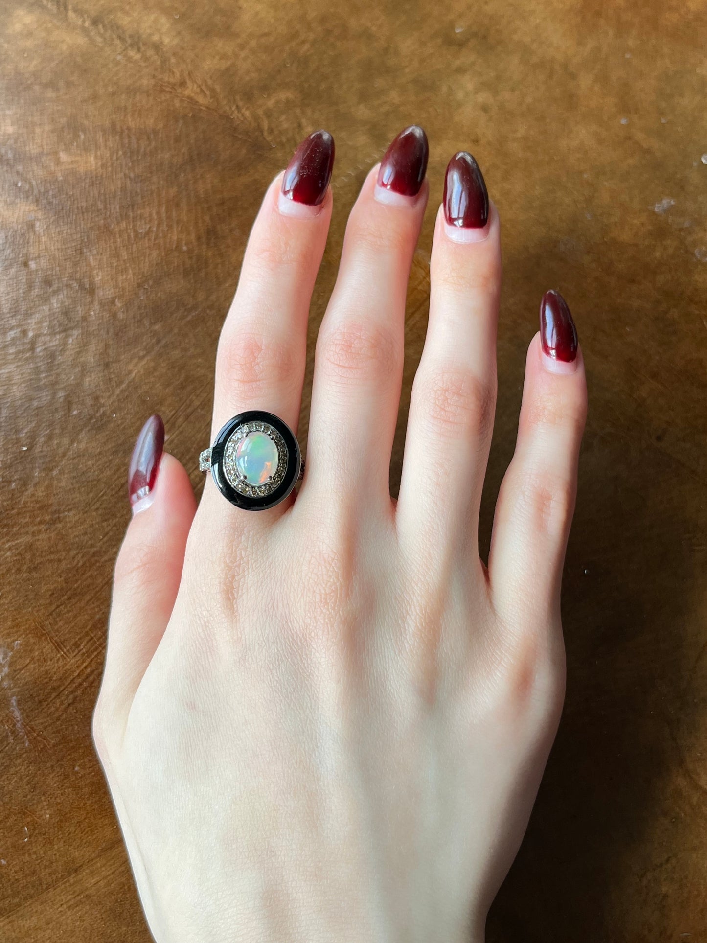 SOLD Vintage Silver, Opal, Diamond & Enamel Ring