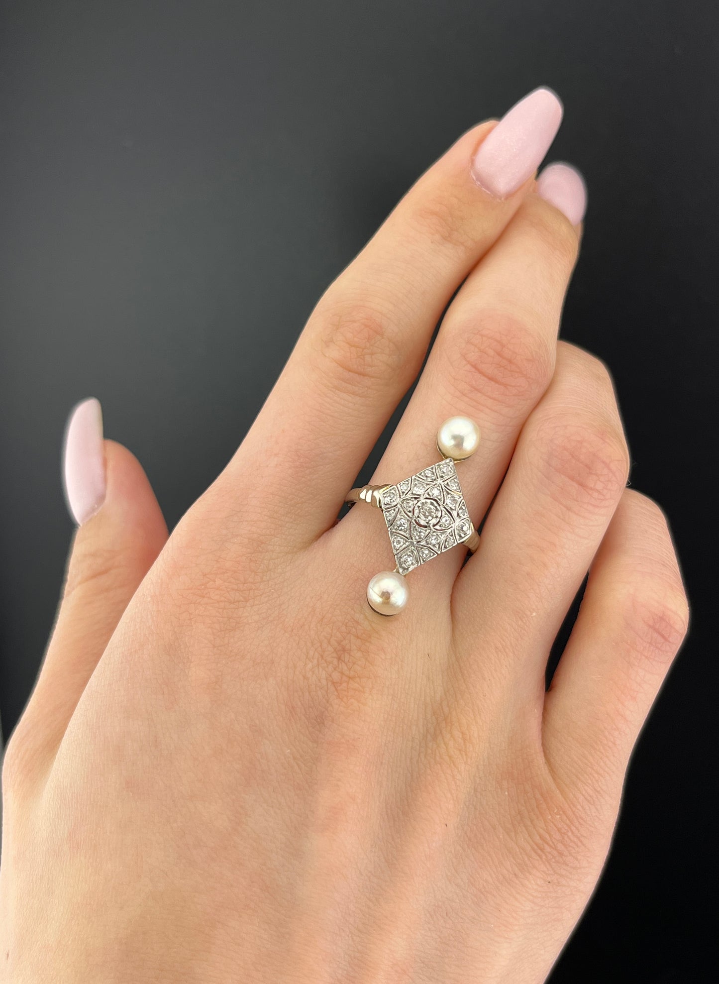 Antique French 18K, Diamond & Pearl Ring