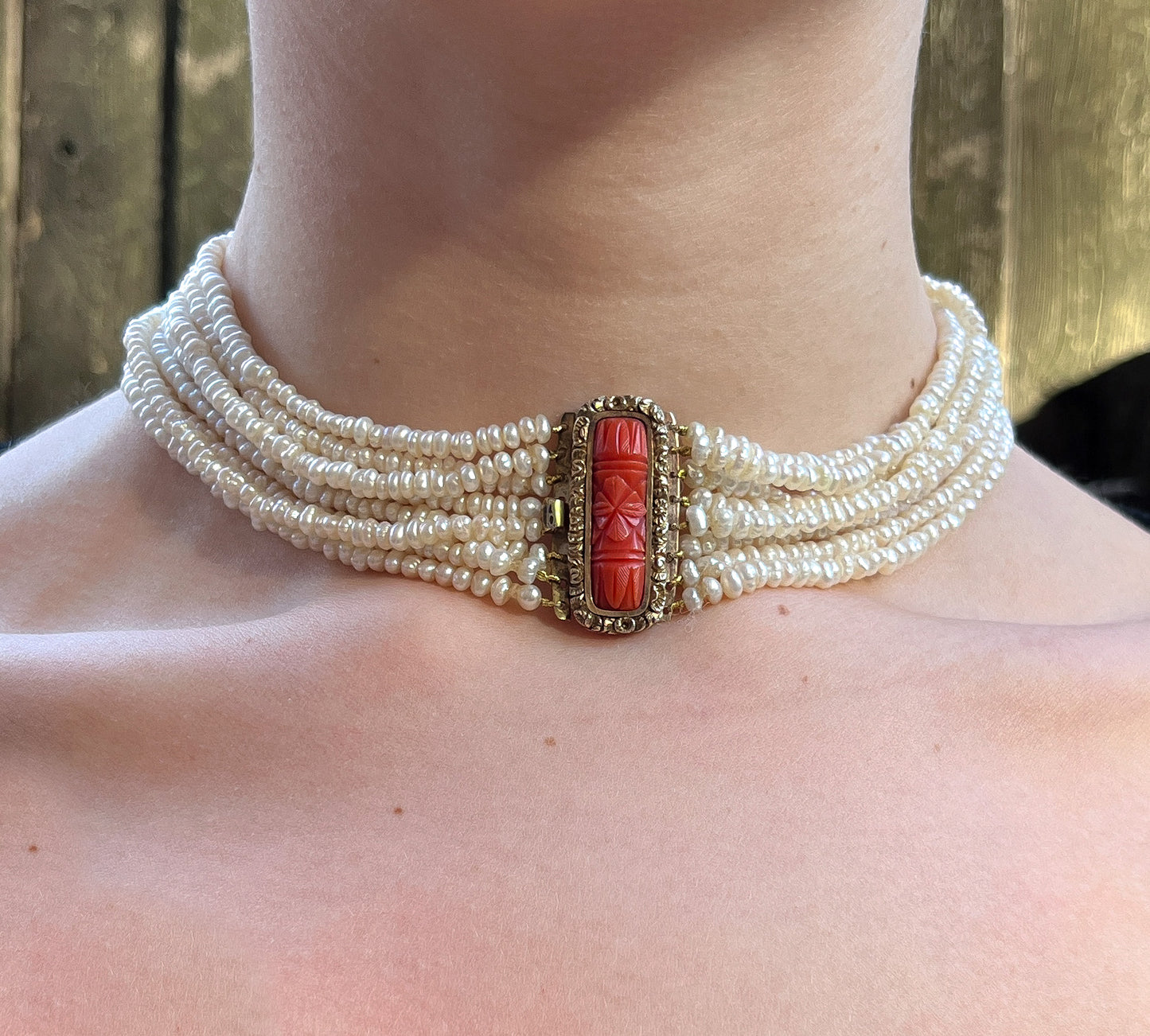 Antique 12K, Coral & Pearl Choker Necklace