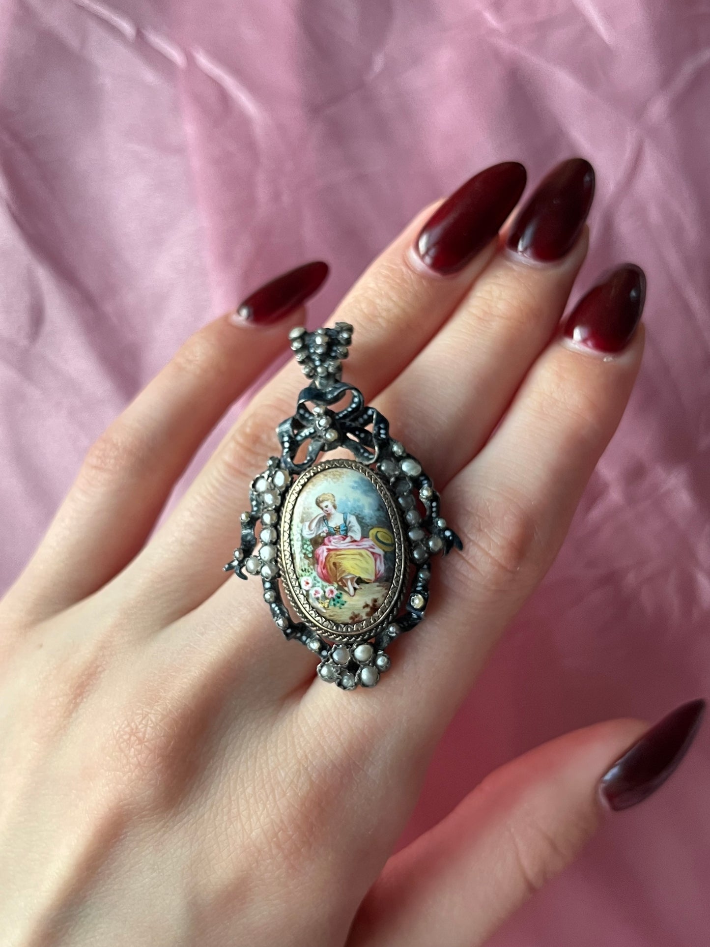Antique Silver, Hand Painted Enamel & Seed Pearl Earrings & Pendant Set