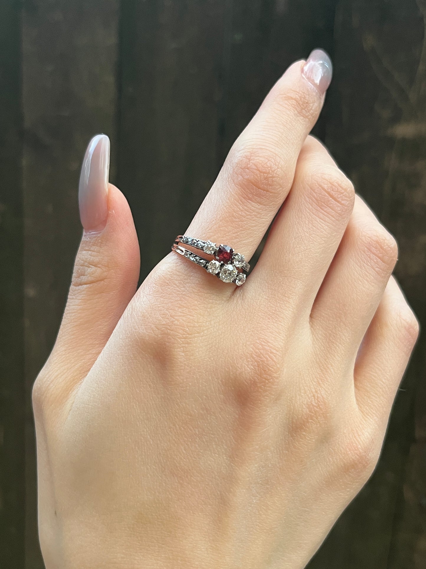 SOLD Antique French 18K, Platinum, Diamond & Spinel Ring