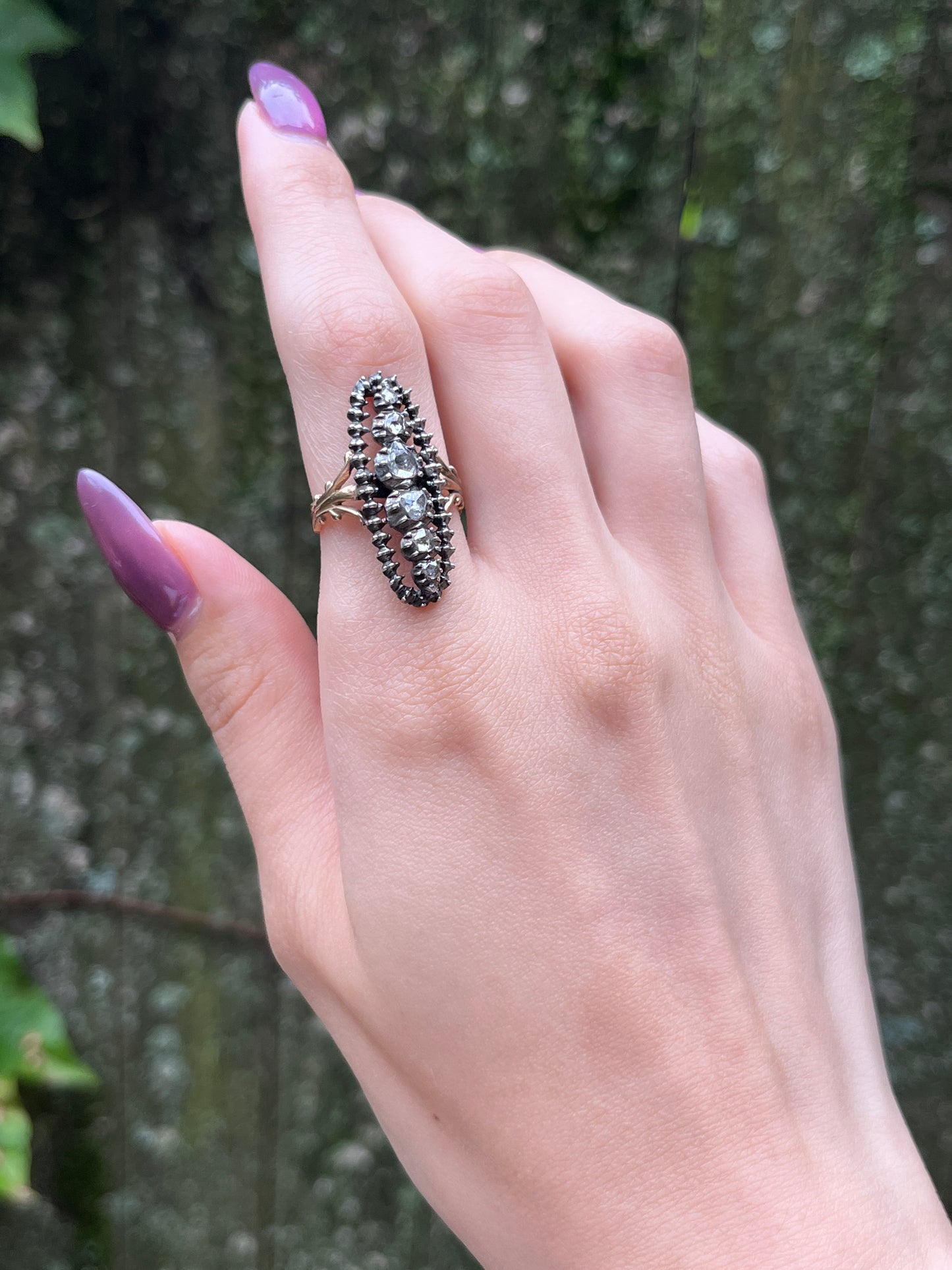 Antique 14K, Silver & Rose Cut Diamond Navette Conversion Ring