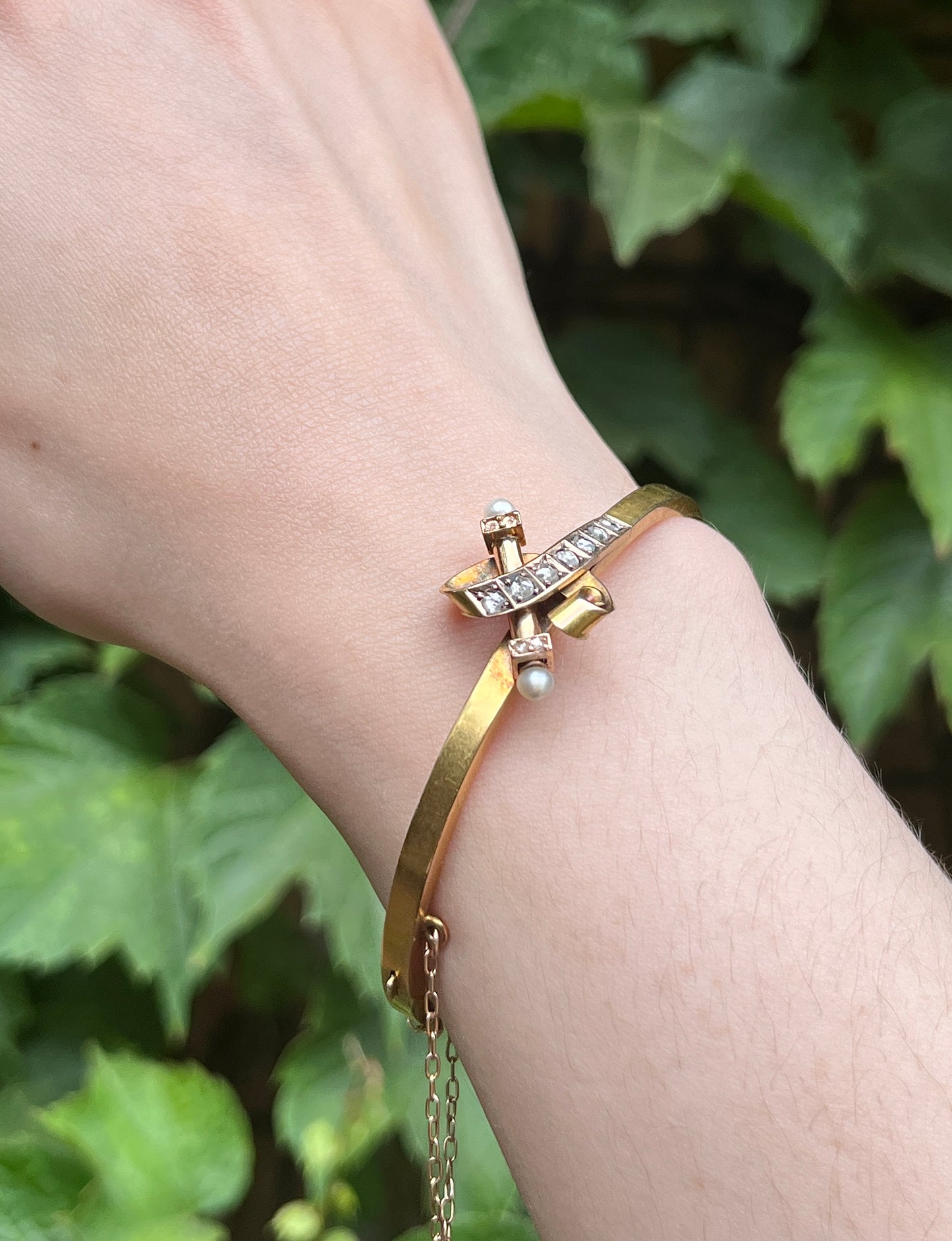 Antique 18K, Diamond & Pearl Bangle Bracelet