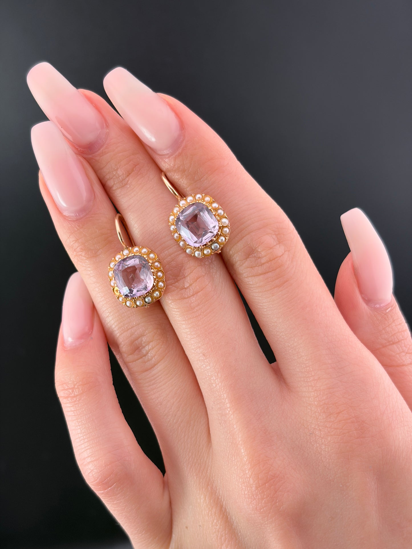 Antique 18K, Amethyst & Seed Pearl Earrings