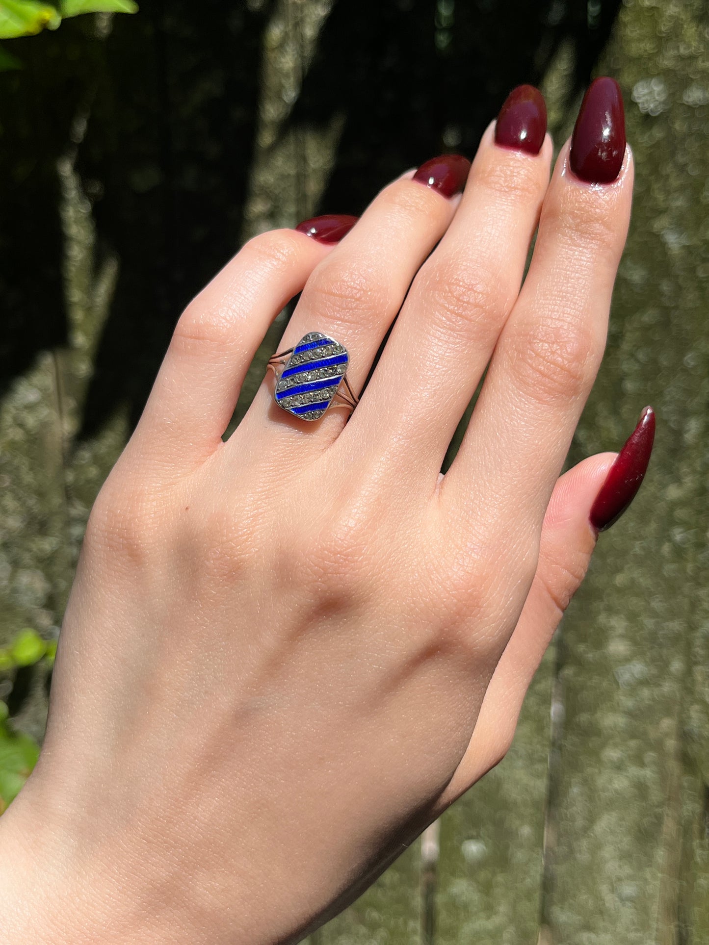 SOLD Antique French 18K, Silver, Enamel & Diamond Paste Plaque Ring