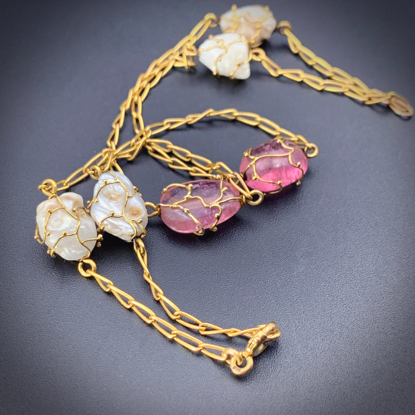 SOLD Antique Art Nouveau 18K, Pearl & Tourmaline Chain/Necklace