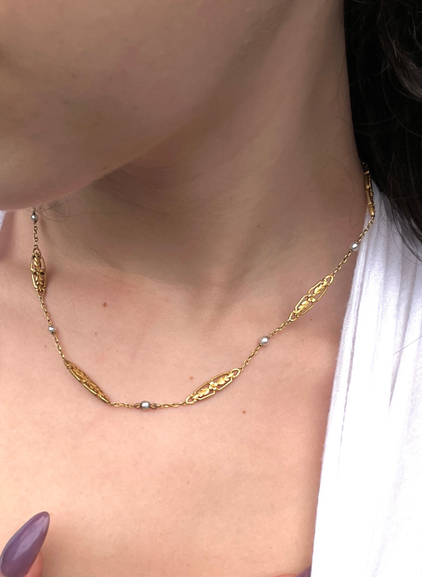 SOLD Antique French 18K & Pearl Station Necklace