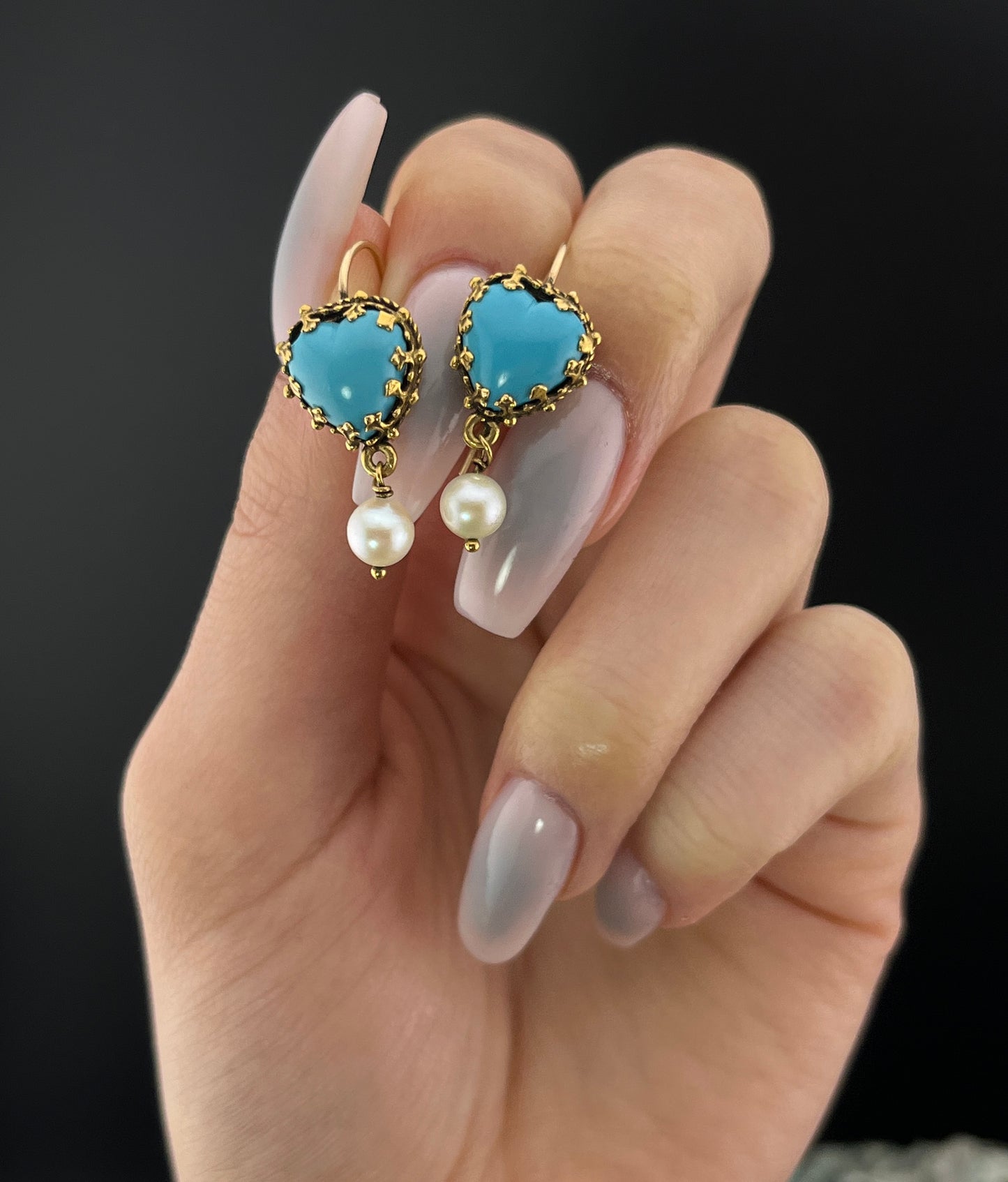 Sold Antique 14K, Persian Turquoise & Pearl Heart Drop Earrings