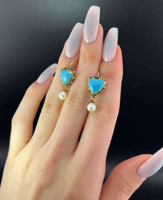 Sold Antique 14K, Persian Turquoise & Pearl Heart Drop Earrings