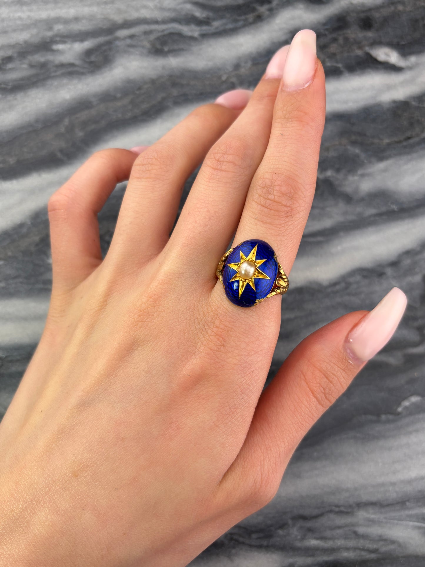 Antique 15K, Pearl & Enamel Celestial Ring