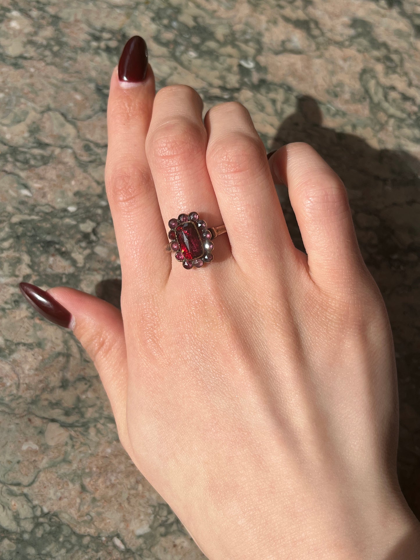 SOLD Antique French 18K & Perpignan Garnet Ring